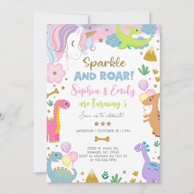 Invitación de hermanos unicornio y dinosaurios. (Anverso)