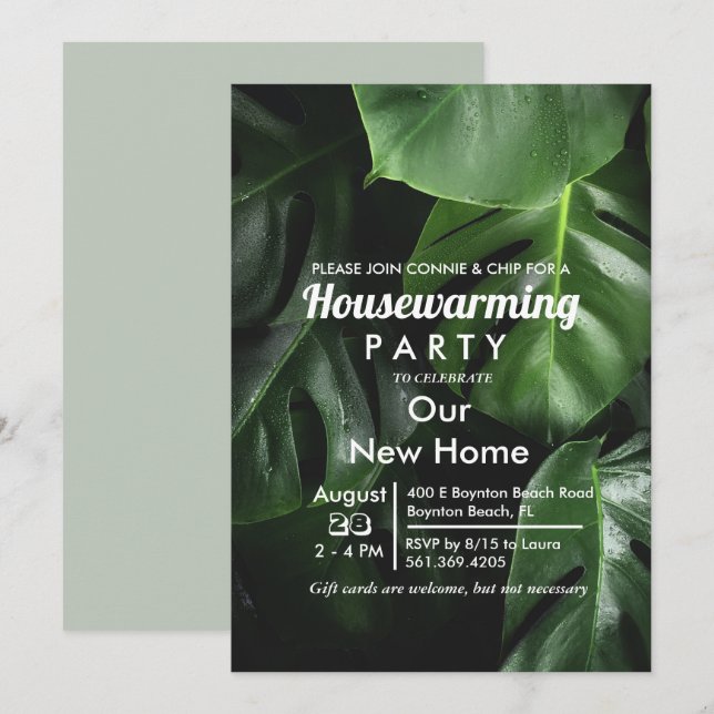 Invitación de hoja tropical para fiesta de inaugur (Anverso / Reverso)