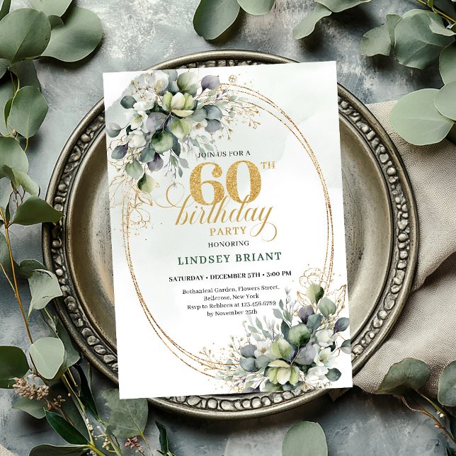 Invitación de hoja verde polvorienta de cumpleaños (Bohemian 60th Birthday Dusty Green Leaf Invite

)