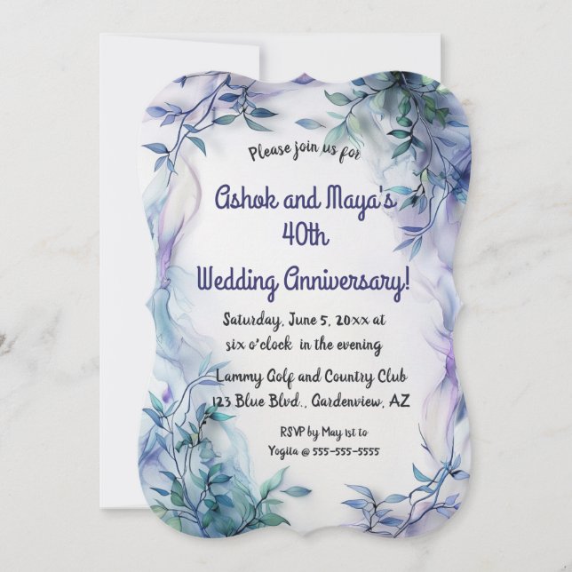 Invitación de Hojas Azules y Ondas Violetas Editab (Anverso)
