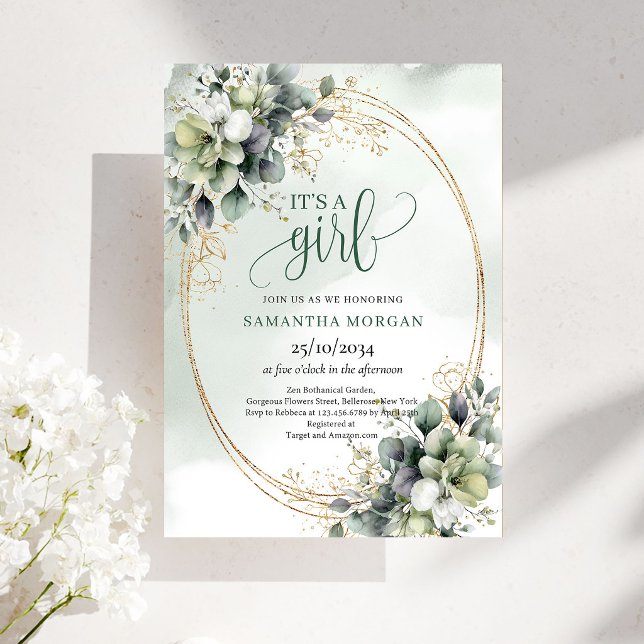Invitación de Hojas Botánicas de Acuarela It's A G (Watercolor Botanical Leaves It’s A Girl Invitation)