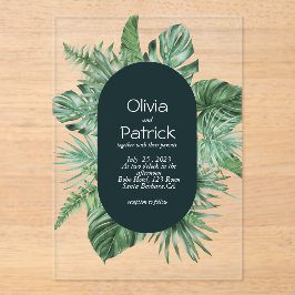 Invitación de hojas verdes tropicales de color de