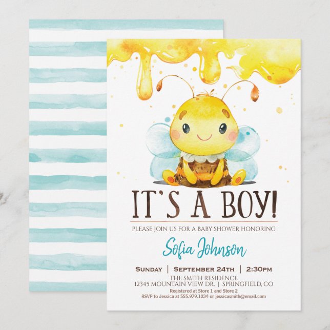 Invitación de Honey Bee Baby Shower Boy (Anverso / Reverso)