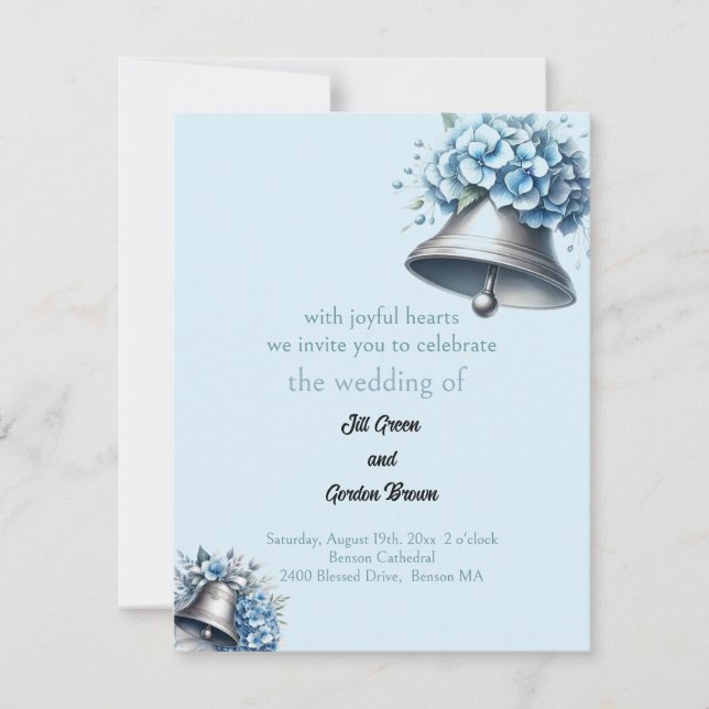 Invitación de Hortensia Azul Campanas de Boda (Anverso)