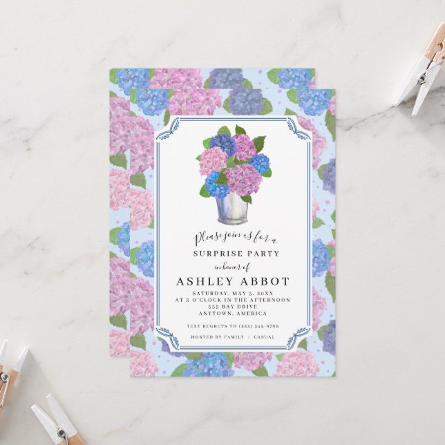 Invitación de Hortensias 5x7 (Tamaño A7) Azules y  (Anverso/Reverso In Situ)