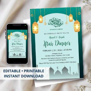 Invitación de Iftar Arco Verde Turquesa con Farole
