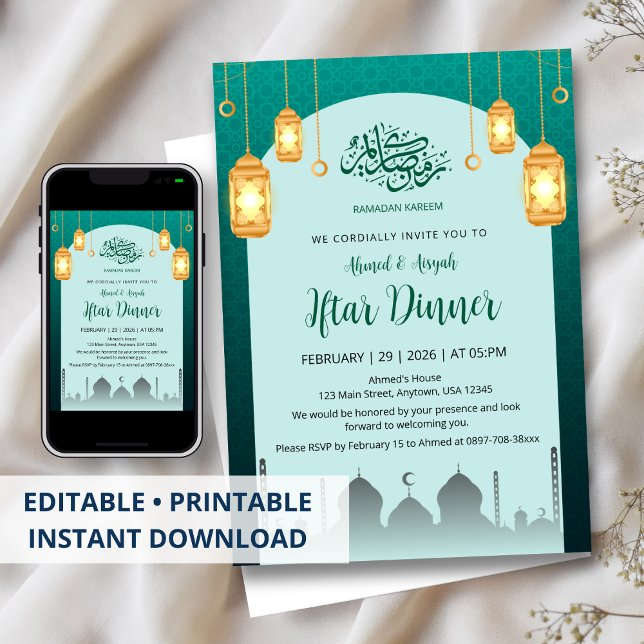 Invitación de Iftar Arco Verde Turquesa con Farole (Subido por el creador)