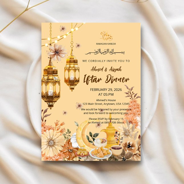Invitación de iftar de lujo con flores doradas par (Subido por el creador)