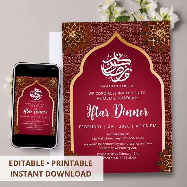 Invitación de Iftar de Mandala Floral Dorada Grana (Subido por el creador)