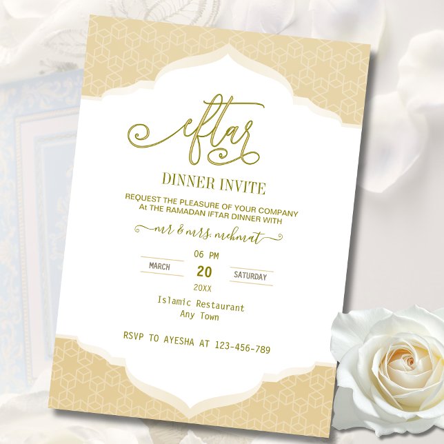 Invitación de Iftar dorada y blanca con letra curs (Subido por el creador)