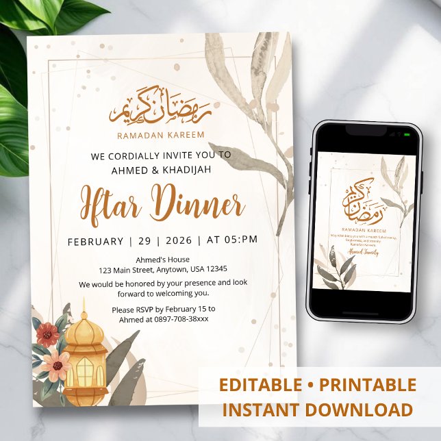 Invitación de Iftar floral suave con acuarela y li (Subido por el creador)