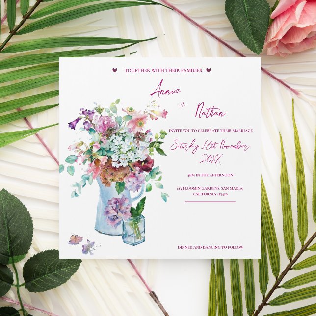 Invitación de imán de boda con acuarela floral ros (Pink Floral Watercolor Wedding Magnet Invitation)