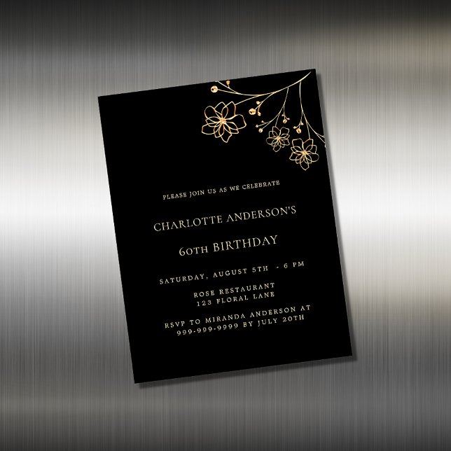 Invitación de imán floral de oro negro de cumpleañ (Subido por el creador)