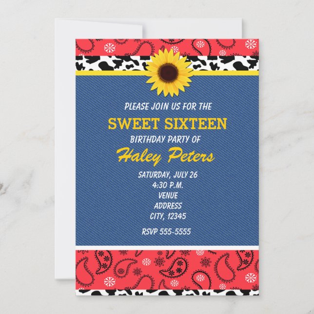 Invitación de impresión de vacas y girasoles de ca (Anverso)