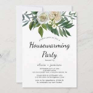 Invitación de inauguración de casa con flores blan