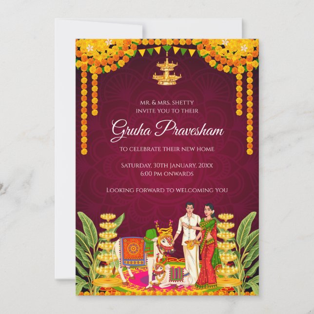 Invitación de inauguración de casa india Gruhaprav (Anverso)