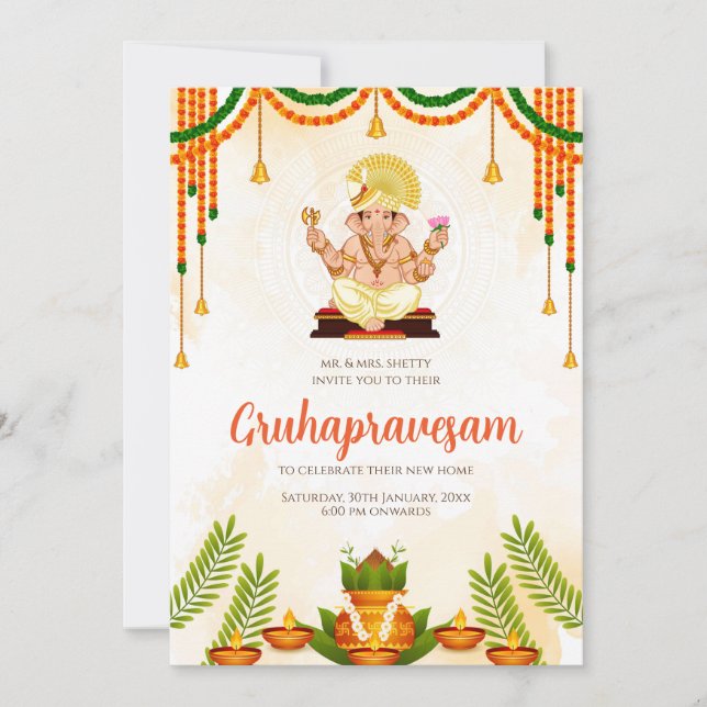 Invitación de inauguración de casa india Gruhaprav (Anverso)