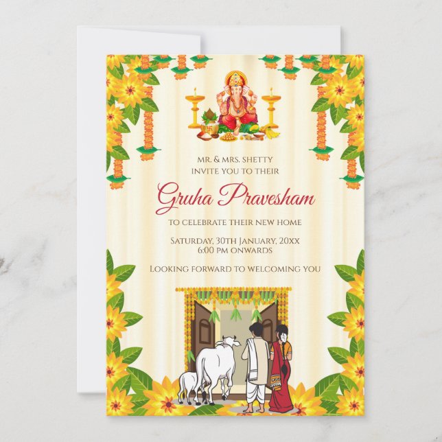 Invitación de inauguración de casa india Gruhaprav (Anverso)