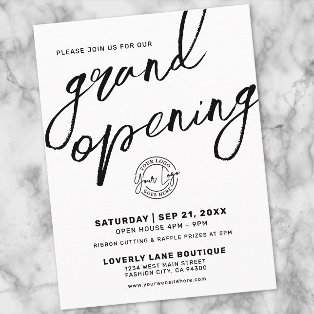 Invitación de inauguración de negocio con logotipo (Black White Logo Business Grand Opening Invitation Postcard)