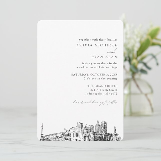 Invitación de Indianápolis Boda Elegant Skyline (Anverso de pie)
