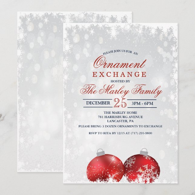 Invitación de intercambio de adornos navideños (Anverso / Reverso)