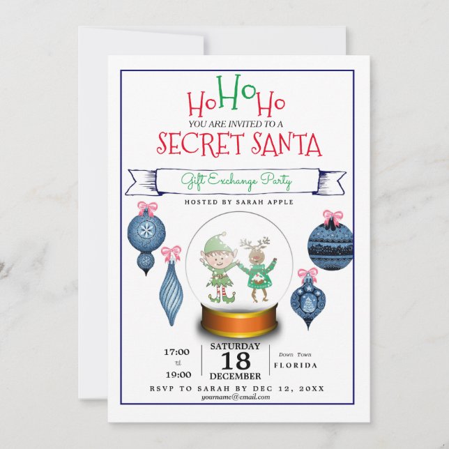 invitación de intercambio de regalos azul de Santa (Anverso)