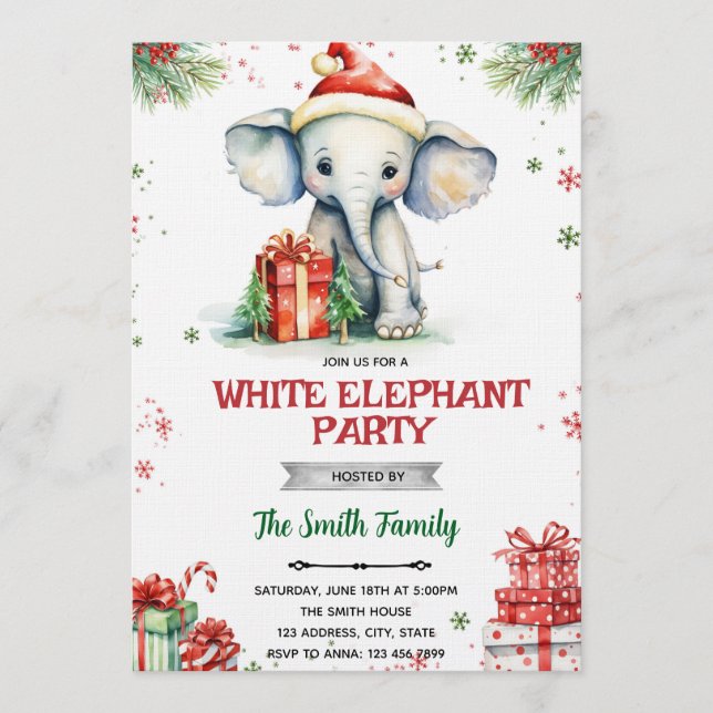 Invitación de intercambio de regalos de elefante b (Anverso)
