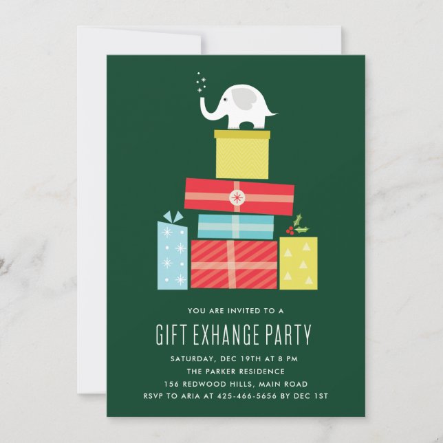 Invitación de intercambio de regalos de elefante b (Anverso)