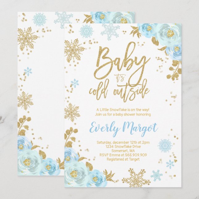 Invitación de invierno a Baby Shower Azul y Oro (Anverso / Reverso)