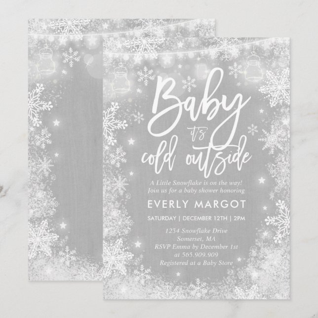 Invitación de invierno a Baby Shower Género Blanco (Anverso / Reverso)