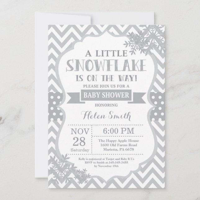 Invitación de invierno a Baby Shower Gray Snowflak (Anverso)