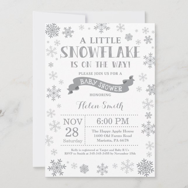 Invitación de invierno a Baby Shower Gray Snowflak (Anverso)