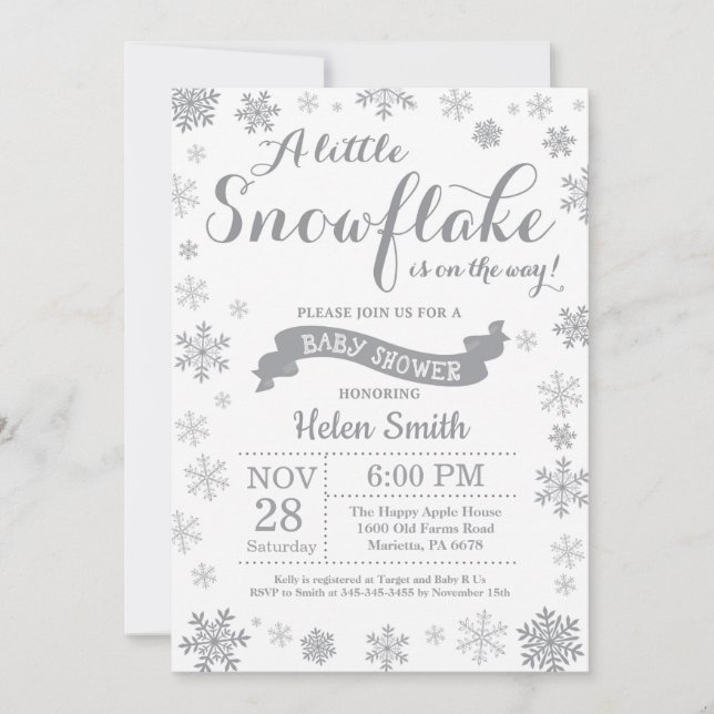 Invitación de invierno a Baby Shower Gray Snowflak (Anverso)