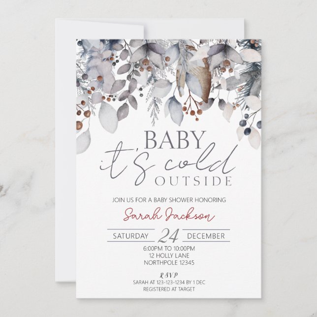 Invitación de invierno a Baby Shower, hace frío af (Anverso)