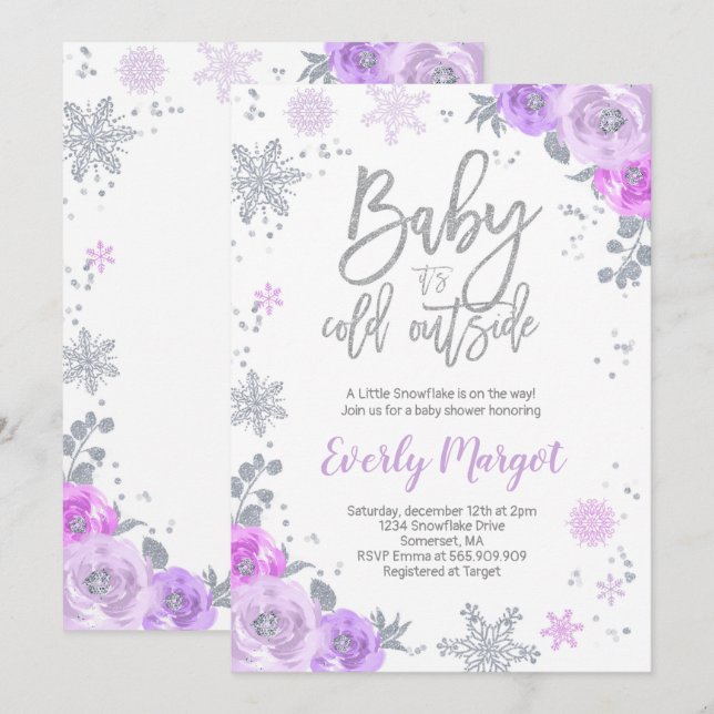 Invitación de invierno a Baby Shower morado y plat (Anverso / Reverso)