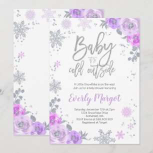 Invitación de invierno a Baby Shower morado y plat