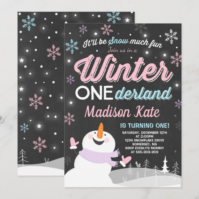 Invitación de invierno a cumpleaños de ONEderland  (Anverso / Reverso)
