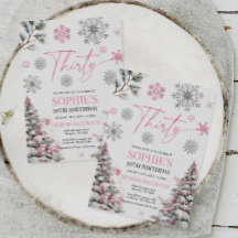 Invitación de invierno a los 30 años, rosa y plate