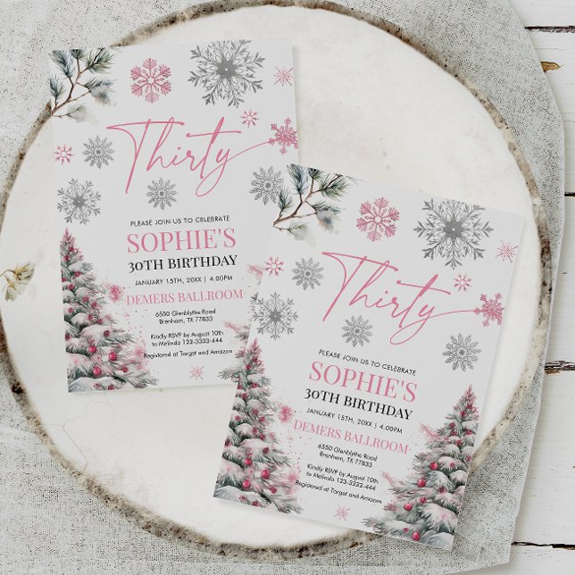 Invitación de invierno a los 30 años, rosa y plate (Subido por el creador)