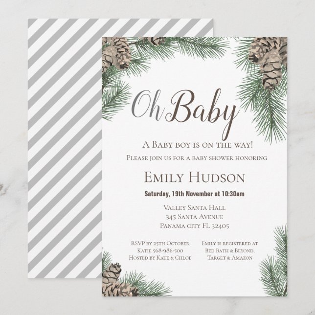 Invitación de invierno a Pinecones - Baby Shower (Anverso / Reverso)