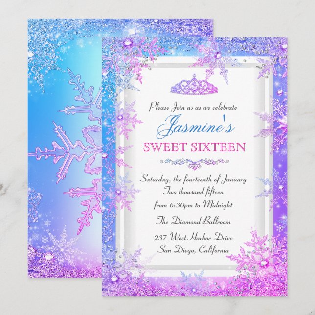 Invitación de invierno Blue Pink Purple Wonderland (Anverso / Reverso)