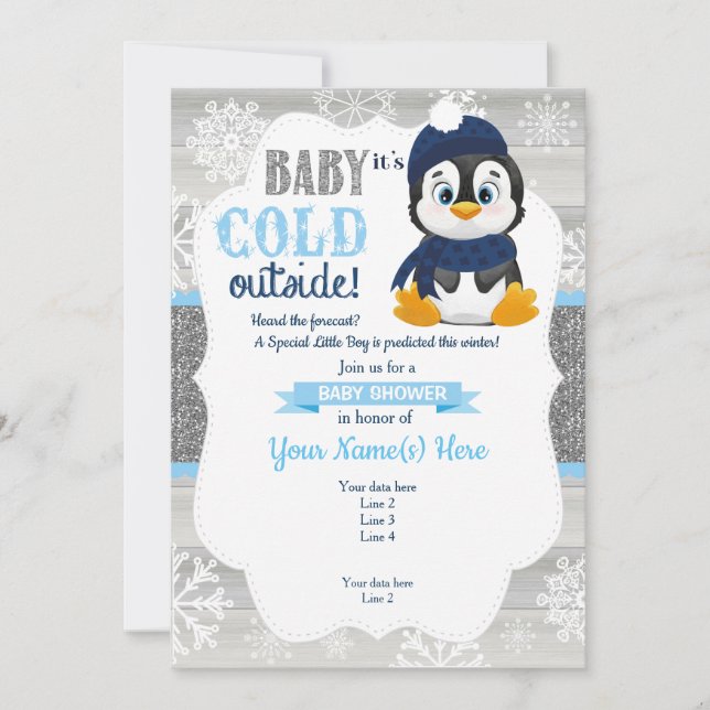 Invitación de invierno de Boy Penguin para Boy Bab (Anverso)