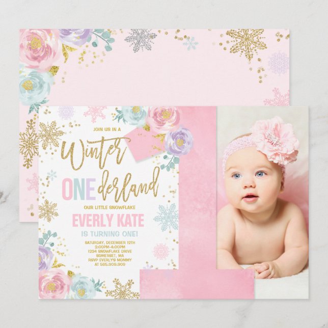Invitación de invierno de cumpleaños de ONEderland (Anverso / Reverso)