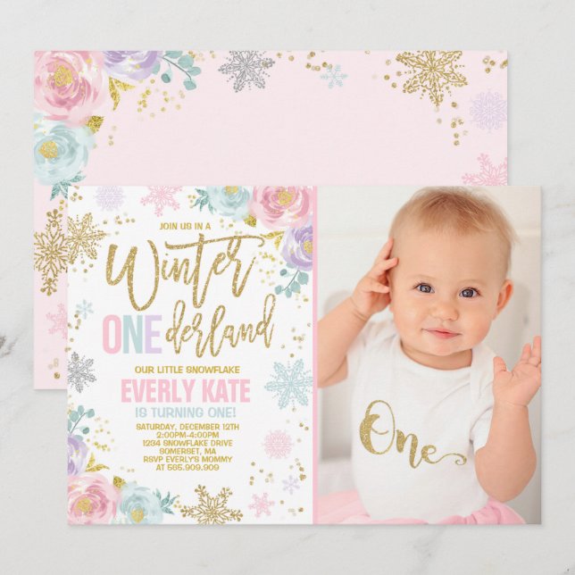 Invitación de invierno de cumpleaños de ONEderland (Anverso / Reverso)