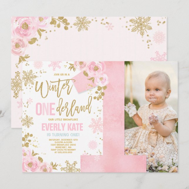 Invitación de invierno de cumpleaños de ONEderland (Anverso / Reverso)