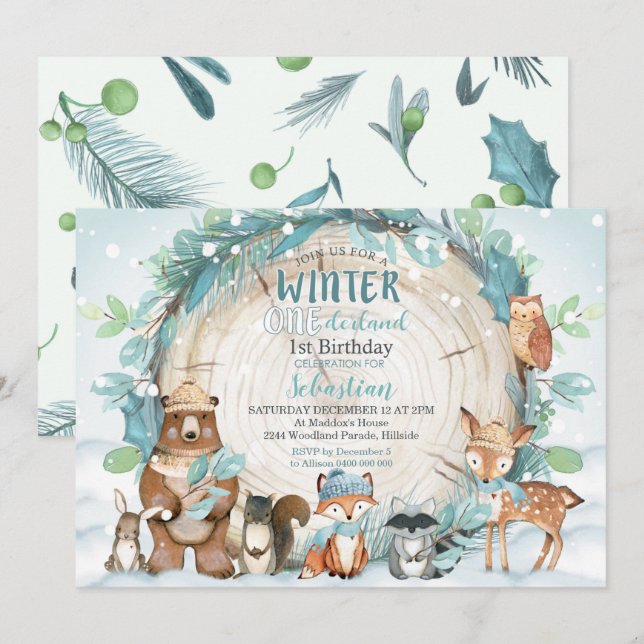 Invitación de invierno de Onederland Boy Woodland (Anverso / Reverso)