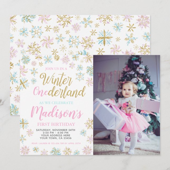 Invitación de invierno de ONEderland con foto (Anverso / Reverso)