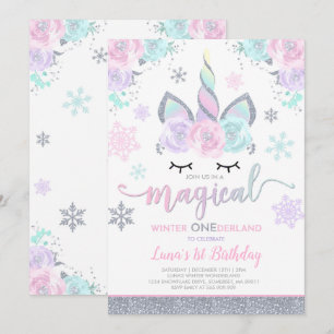 Invitación de invierno de unicornio Fiesta de invi