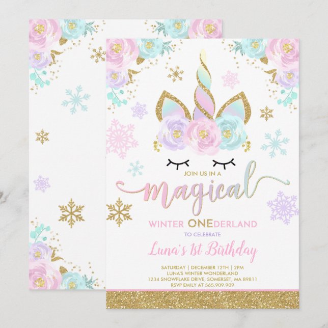 Invitación de invierno de unicornio Fiesta de invi (Anverso / Reverso)