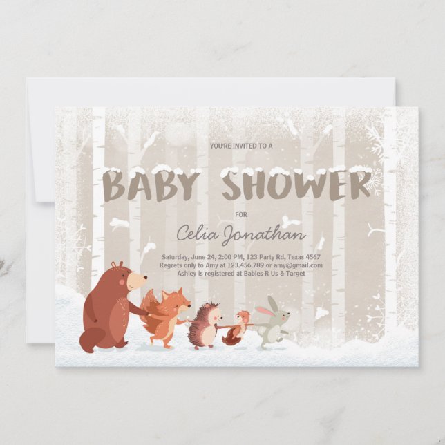 Invitación de invierno de Woodland Baby Shower Cop (Anverso)